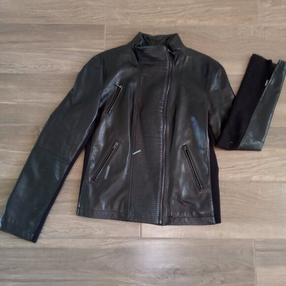 Black Leather Jacket Women's Size Large Kenneth Cole Zip Up Zipper Pockets - Picture 6 of 8